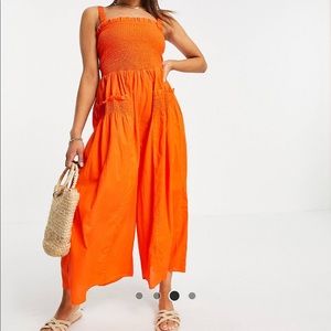 Shirred elastic back jumpsuit in tomato red
